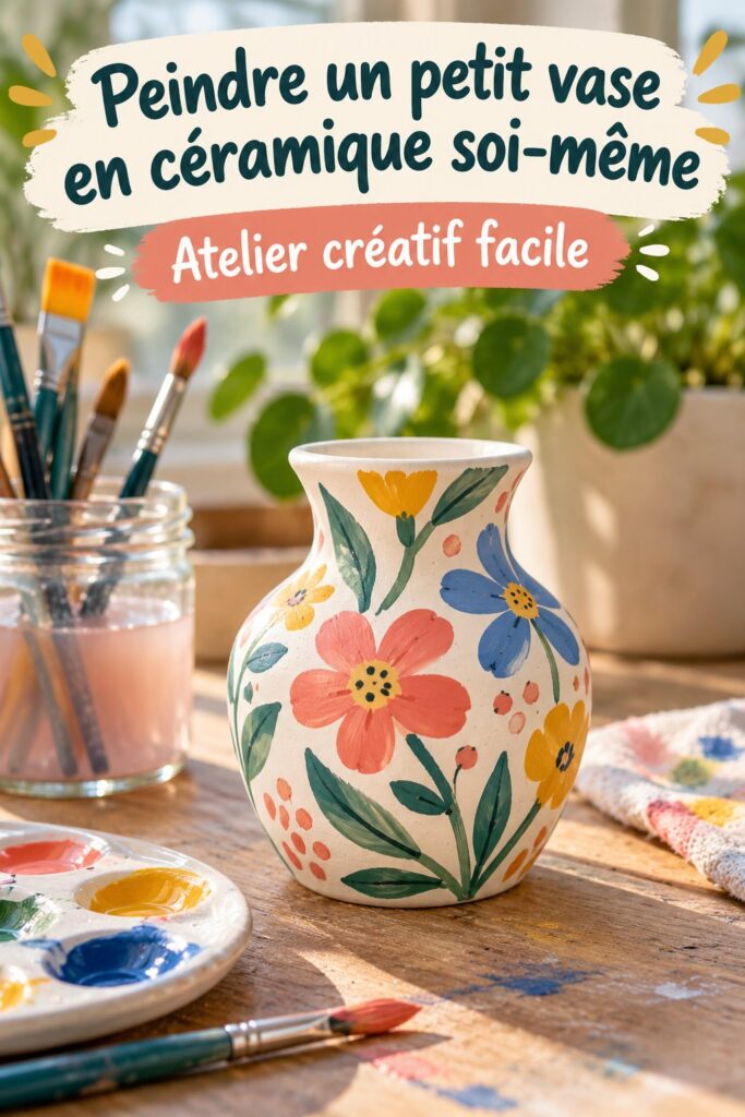 Vase en céramique peint avec des motifs colorés sur une table en bois