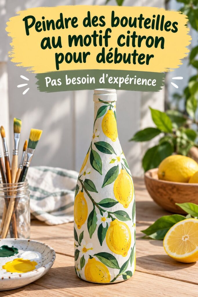 Bouteilles peintes avec des motifs citron sur une table en bois