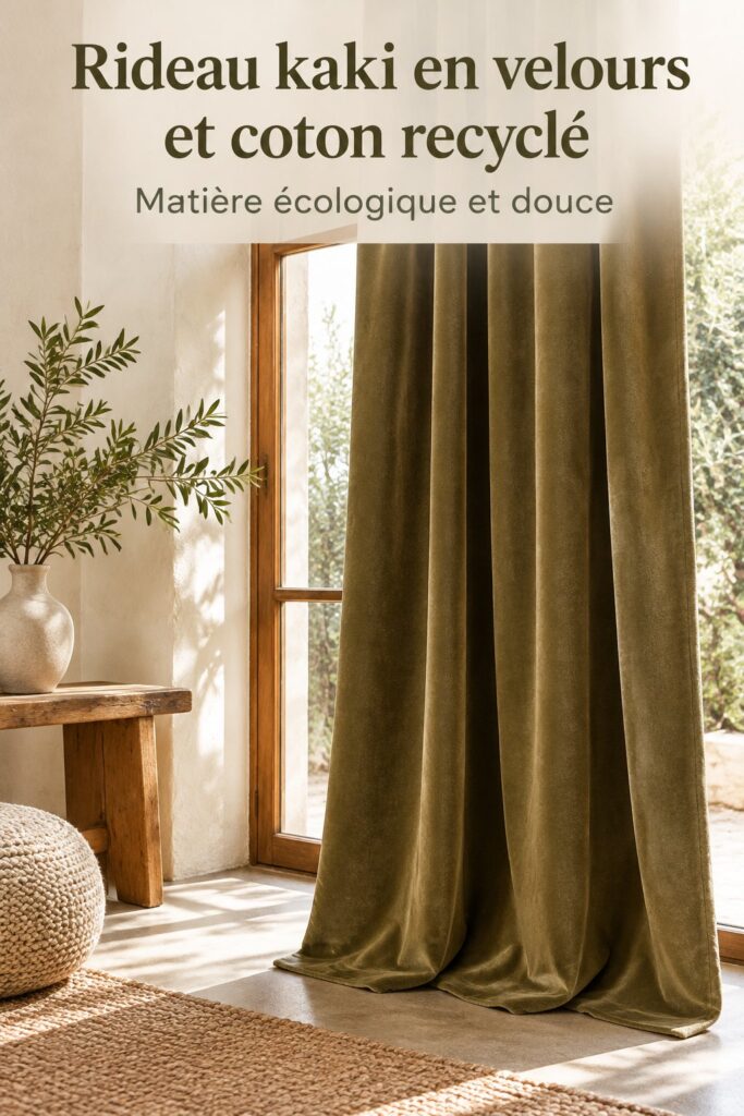 Rideau en velours vert kaki suspendu dans un intérieur élégant