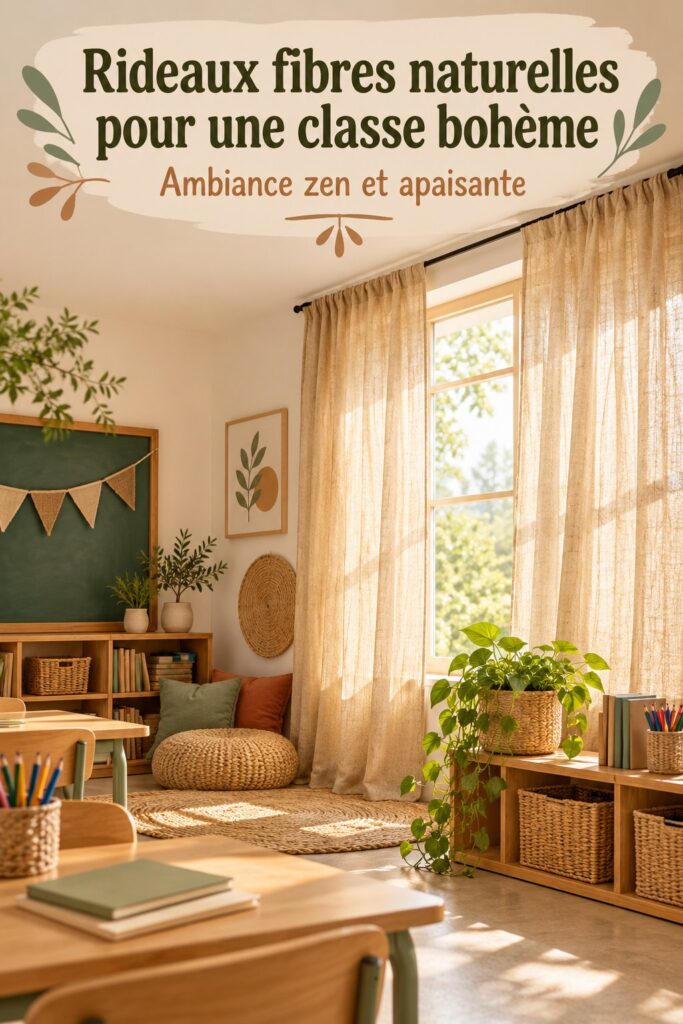 Rideaux boho en fibres naturelles dans une pièce chaleureuse