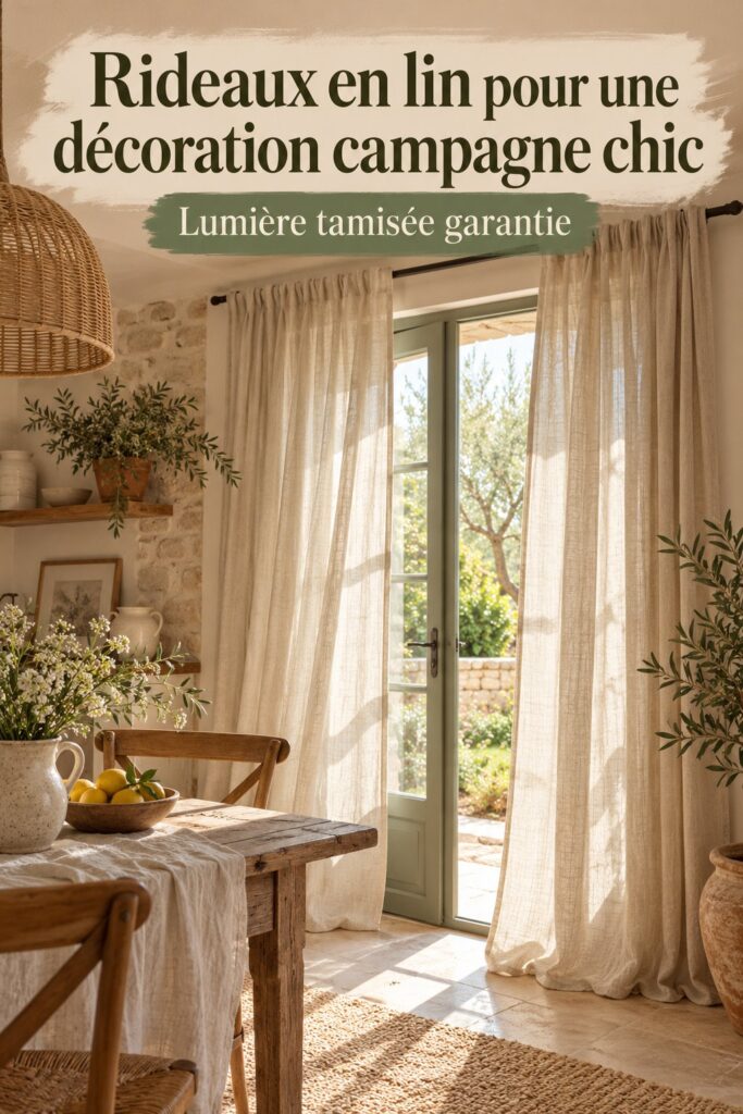 Rideaux doux dans un intérieur de style campagne chic avec des couleurs naturelles.