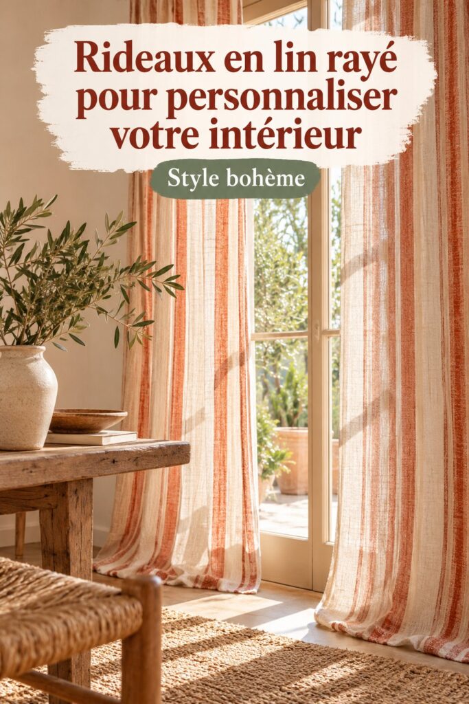 Rideaux en lin bohème à rayures verticales dans un salon élégant