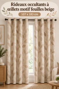 Rideaux occultants beige avec motif de feuilles dans un salon moderne