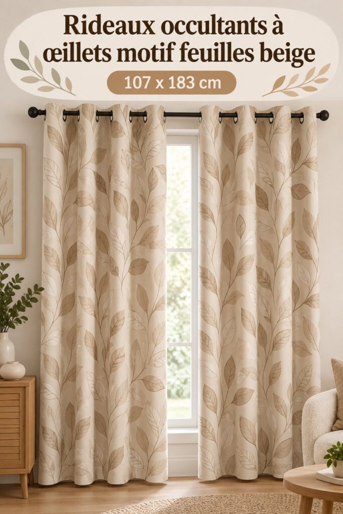 Rideaux occultants beige avec motif de feuilles dans un salon moderne