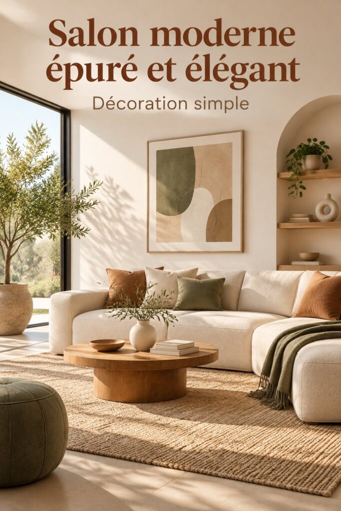 Un salon moderne et accueillant avec un design épuré et des touches chaleureuses.