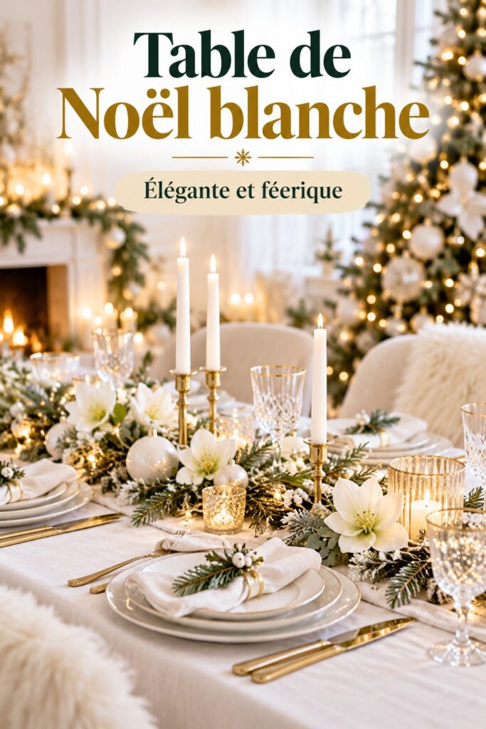 Une table de Noël blanche élégamment décorée avec des bougies et des ornements festifs.