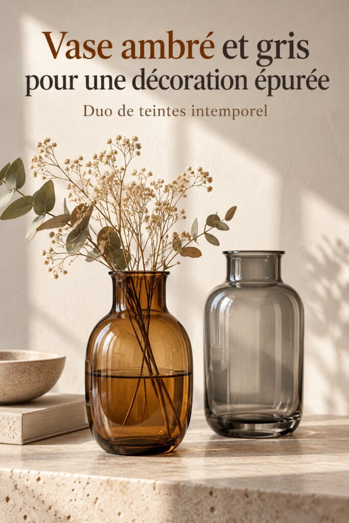 Vase en verre ambré et gris sur une table en bois dans un intérieur moderne
