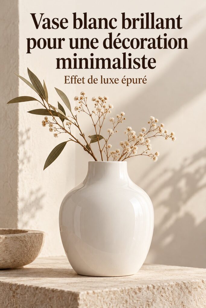 Vase blanc brillant sur une table en bois, apportant une touche lumineuse à un intérieur minimaliste.