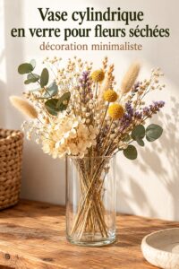 Vase cylindrique en verre transparent rempli de fleurs séchées, ajoutant une touche décorative à une table.