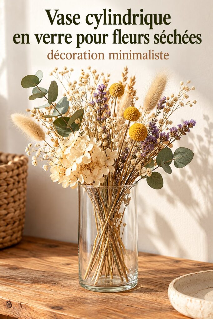 Vase cylindrique en verre transparent rempli de fleurs séchées, ajoutant une touche décorative à une table.