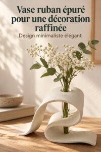 Vase ruban épuré en céramique blanche sur une table en bois, décoré avec des fleurs délicates.