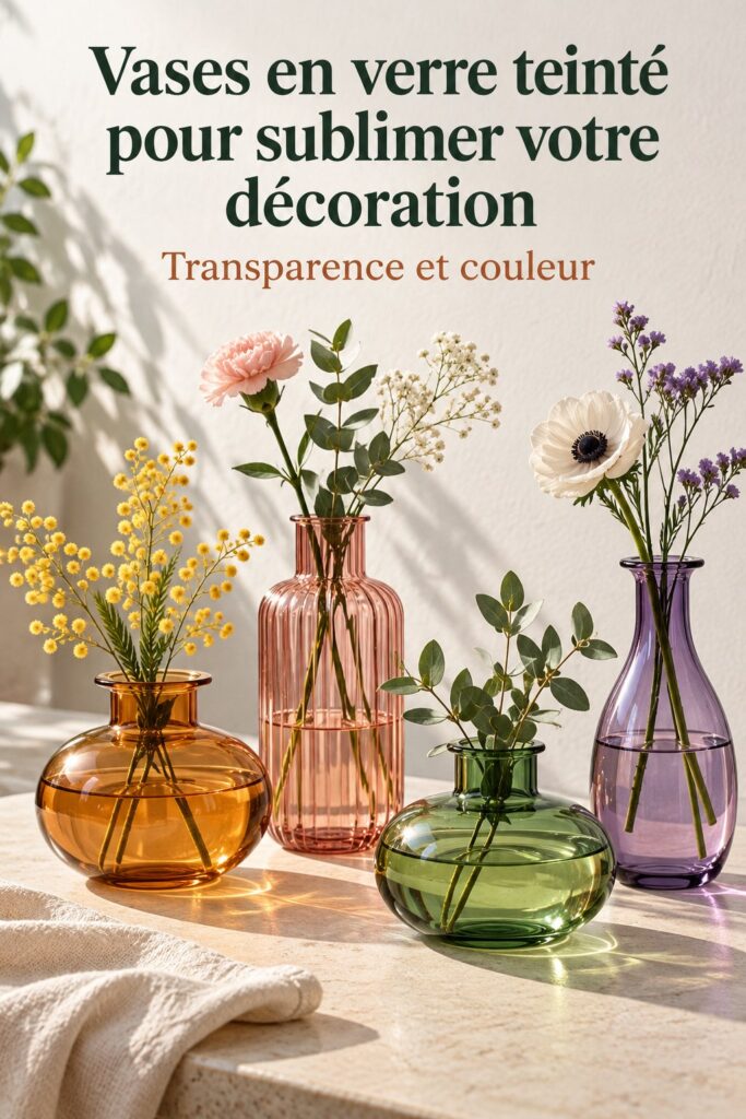 Un vases en verre teinté illuminé par la lumière du jour, ajoutant élégance à la décoration intérieure.